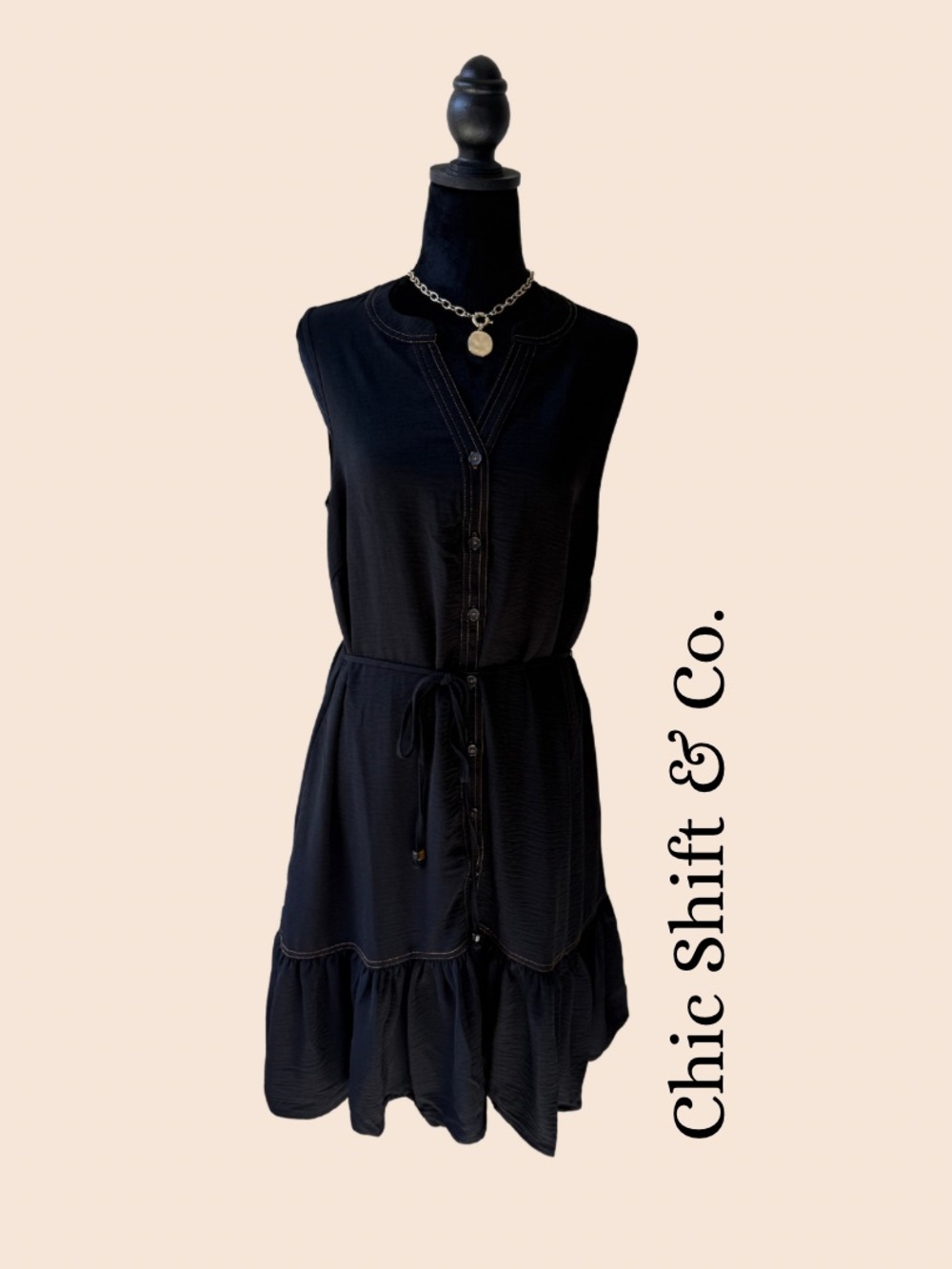 Nina Leonard Black Mandarin Collar Button Front Ruffle Hem Dress M